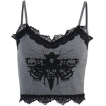 Crop Top Fairy-Grunge grau und schwarz bedruck mit Spitze verziert Schmetterling