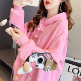 Sweet Cat Hoodies for Women Casual, Embroidered Sweater in Pink