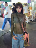 Y2K Graphic Mesh Shirts for Women Slim Fit Transparent Style in Grunge Look