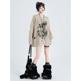 Beige Gothic Sweater with black anime print with cross and girl