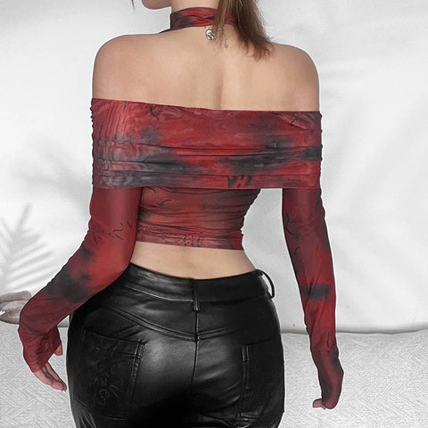 Red and Black Shades Sexy Off-Shoulder T-Shirt in Egir Style