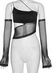 Asymmetric Cut-Out Mesh Crop Top with Sleeves Fairy Grunge Style