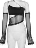 Asymmetric Cut-Out Mesh Crop Top with Sleeves Fairy Grunge Style