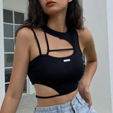 Alternativer Schwarz Damen Crop-Top mit Cut-Outs im Techwear-Stil