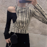 Asymmetric Long Sleeve Shirt with Stripe Patchwork in Korean Style