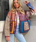 Ethno-Boho women's jacket with floral print and contrast pockets 2024