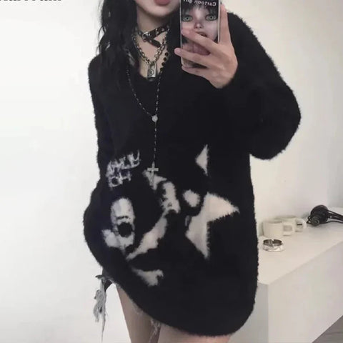 Gothic Skull Pullover with V-Neck skull and star print