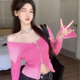 Korean Sweater in Pink Off-shoulder Knit Sweater