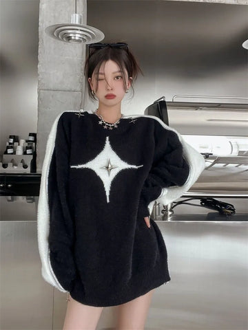 Y2K Aesthetic Oversized Pullover with Star Pattern