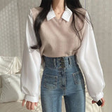 Korean summer blouse with long sleeves and polo collar