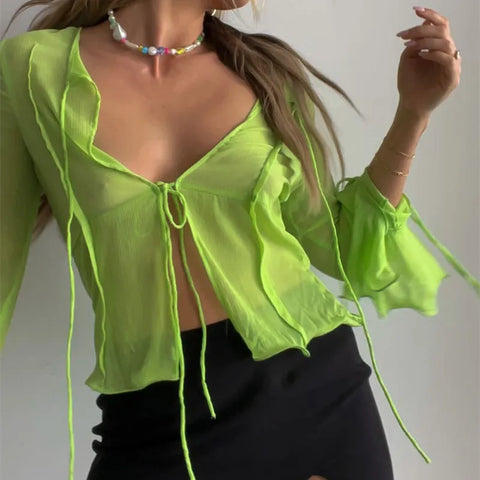 Damen Y2K Mesh-Cardigan mit transparenten Flügelärmeln in Neon Grün