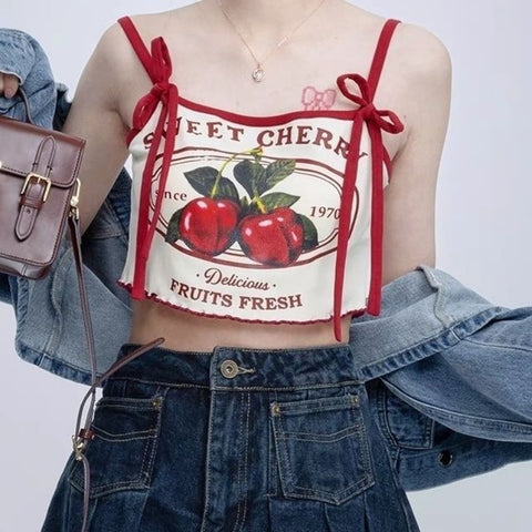 Crop Top E-Girl-Print " süßer Kirsch- " weiß und rot