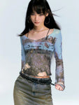 E-Girl Streetwear Transparent Mesh Top with Print and Long Sleeve