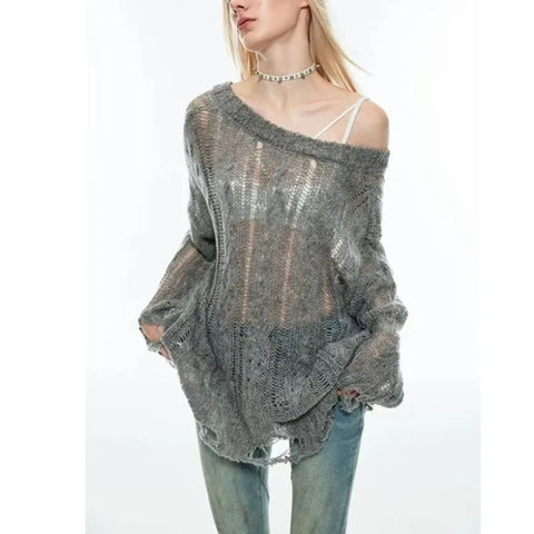 Loch pattern grey pullover semi transparent with off-shoulder cut