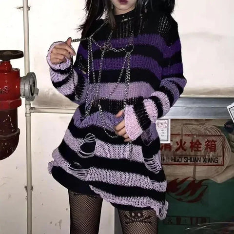 Gothic Unisex Pullover with Stripes and Hole Design