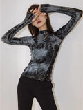 Tie-Dye E-girl Gray Black Turtleneck Women's Top Long Sleeves