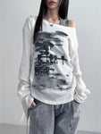 Graue Oversized T-Shirt mit Koller und Grafiken