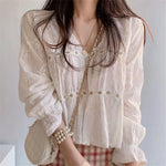 White lace blouse with V-neck &amp; trumpet sleeves in Korean style