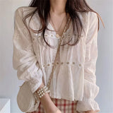 White lace blouse with V-neck &amp; trumpet sleeves in Korean style