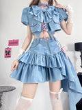 Kawaii Denim Set with Ruffles and Bows Japanese Style