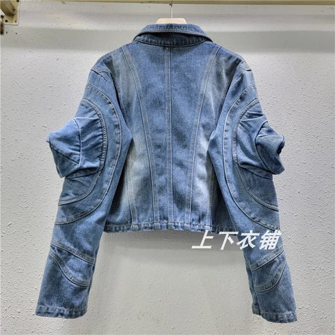 E-Girl Denim Jacket with Puff Sleeves Washed