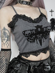 Crop Top Fairy-Grunge grau und schwarz bedruck mit Spitze verziert Schmetterling