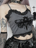 Crop Top Fairy-Grunge grau und schwarz bedruck mit Spitze verziert Schmetterling