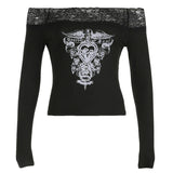 Oversized Gothic-Trap Crop Top with Lace Neckline