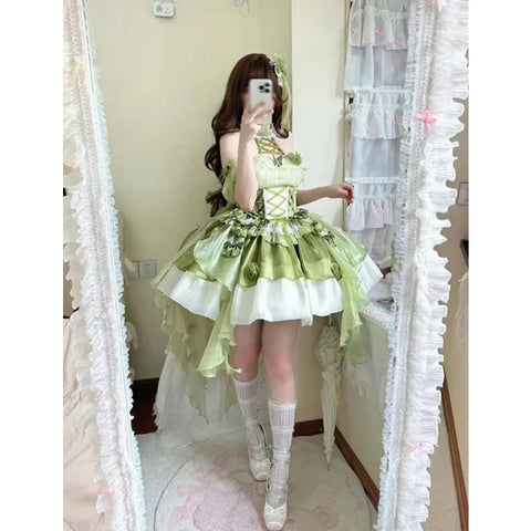 Magical Short Sleeve Lolita Dress in Green – High Waist, Off-Shoulder, for a Cute Alternative Look**