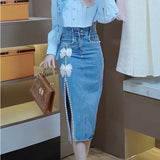 Cute ribbon-embellished denim midi skirt for gyaru style