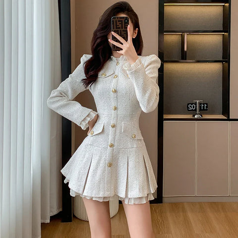 Ladies Tweed Mini Dress in Light Academia Style with Ruffles