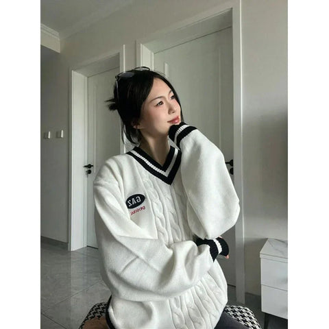 Oversized E-girl V-neck Sweater for Women Knit Pullover