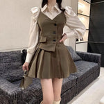 Two-piece light academia outfit with ruffled blouse