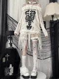 White Gothic Sweater with Skeleton Design Off-Shoulder Style