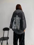 Oversize Gothic Hoodie mit Skelett-Druck in Grau