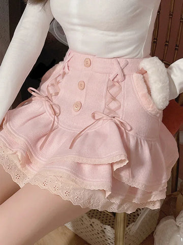 Kawaii Lolita Mini Skirt in Pink Winter Elegance with Lace and Ruffle