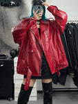 Oversized Red Shiny Crocodile Leather Biker Jacket Style