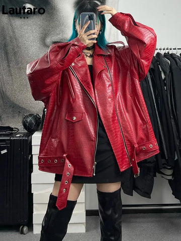 Oversized Red Shiny Crocodile Leather Biker Jacket Style