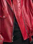 Oversized Red Shiny Crocodile Leather Biker Jacket Style