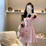 Pink tweed soft girl style dress with long sleeves and A-line