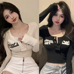 K-Pop Style Crop Tops with Long Sleeves and Print