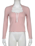 Soft Girl Pink Lace T-Shirt with Square Collar