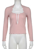 Soft Girl Pink Lace T-Shirt with Square Collar