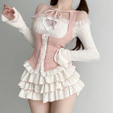 Knitted 3 Piece tutu Skirts Sets lolita gothic Crop Tops Blouse + Mini Skirts Lolita Suit Japanese