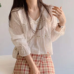 White lace blouse with V-neck &amp; trumpet sleeves in Korean style