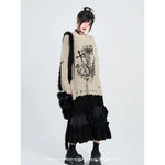 Beige Gothic Sweater with black anime print with cross and girl