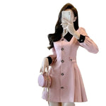 Pink tweed soft girl style dress with long sleeves and A-line