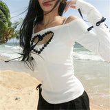 Y2K Aesthetic Heart Cutout Long Sleeve Top with Ruffles and Bandages