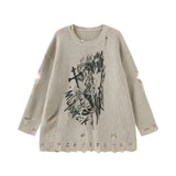 Beige Gothic Sweater with black anime print with cross and girl