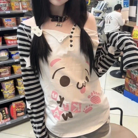 Kawaii Patchwork Hoodie with Cute Cartoon Print in Striped Design